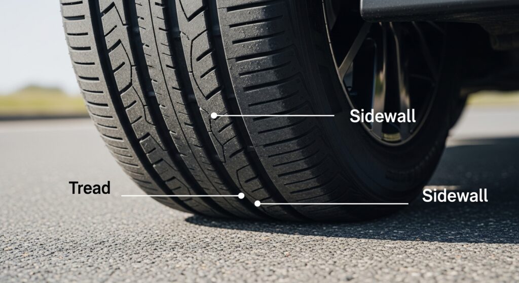 Close-up image of a car tire showing tread pattern and sidewall, explaining how the tire provides traction and absorbs shocks