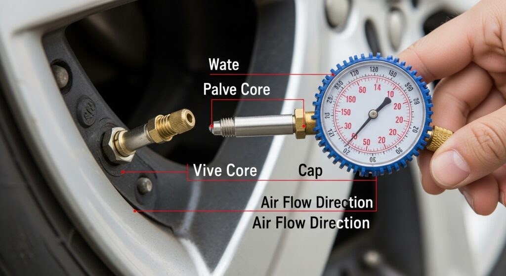 Close-up of a valve stem illustrating how it controls air flow for maintaining tire pressure