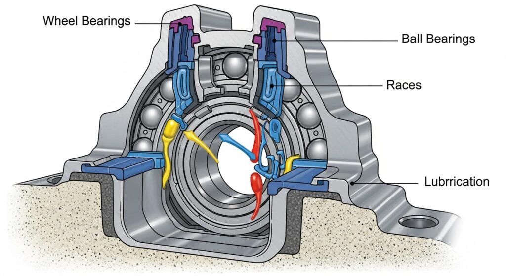 Cross-section of wheel bearings demonstrating their role in enabling smooth rotation and reducing friction