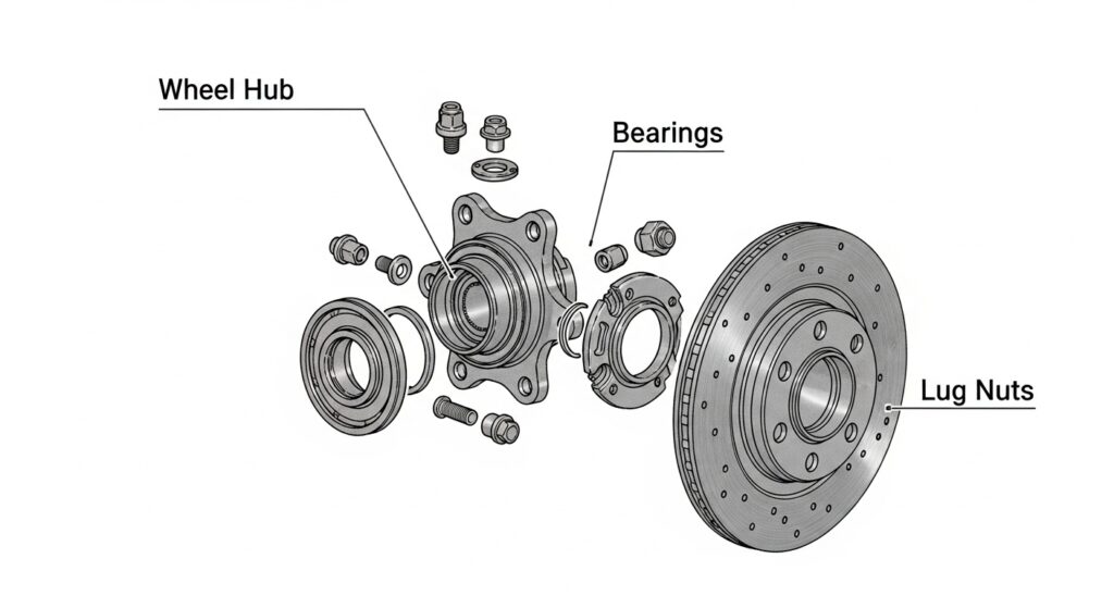 Exploded diagram of a car wheel hub assembly showing how the hub connects the wheel to the axle and supports rotation.