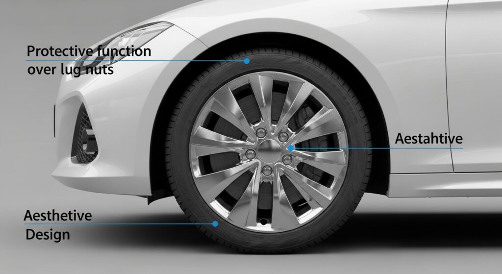 Image of a wheel cover protecting lug nuts and enhancing the appearance of the car wheel. 
