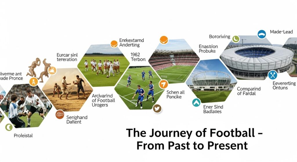 Timeline collage showing the evolution of football from ancient times to modern international stadiums