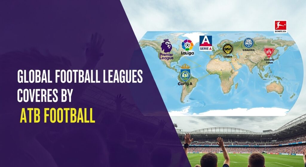 World map showcasing major football leagues covered by ATB Football with logos and fans watching matches