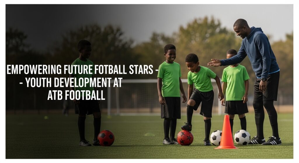 Young football players practicing with coach on community field symbolizing youth development by ATB Football