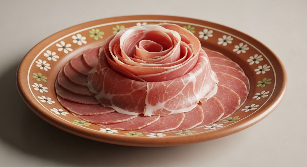 An Italian thin sliced ham in a beautiful decorative plate.