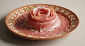 An Italian thin sliced ham in a beautiful decorative plate.