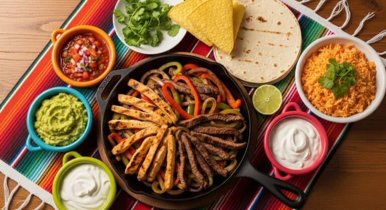 Chicken and beef fajitas served in a cast iron skillet with grilled vegetables and tortilla wraps